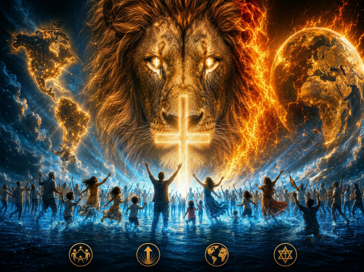 Flame Bearers Awakening — Lion of Judah, cross, globe, and worshippers in fire